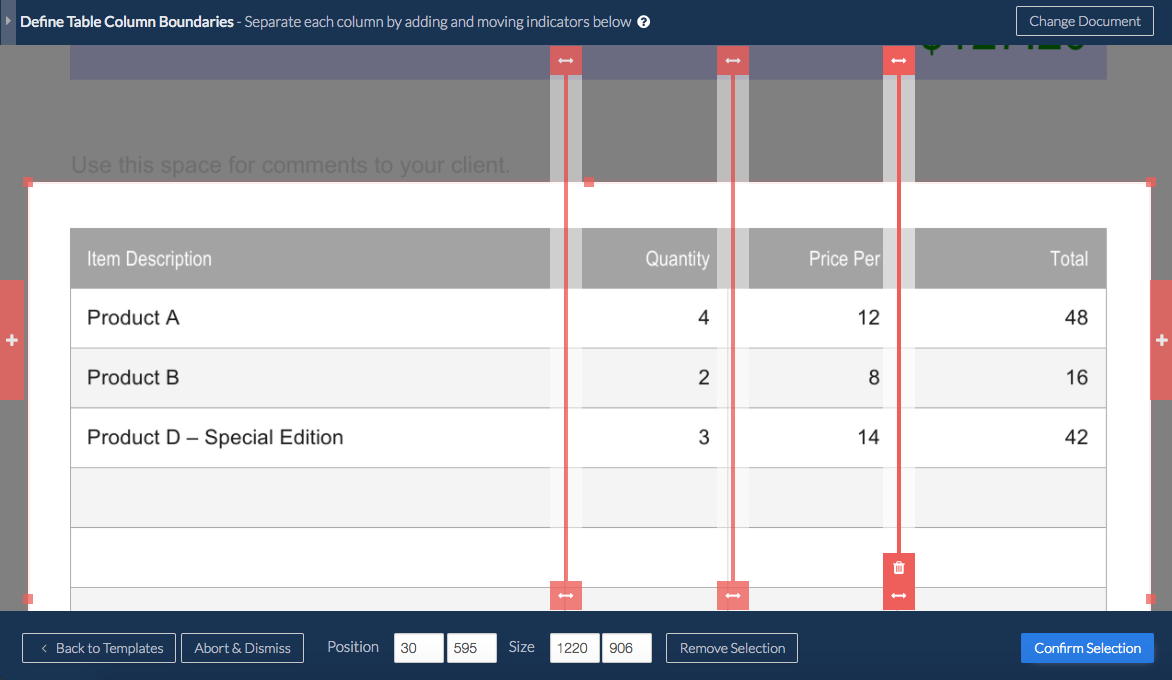Screenshot showing how to define column separators for line-item extraction in Docparser