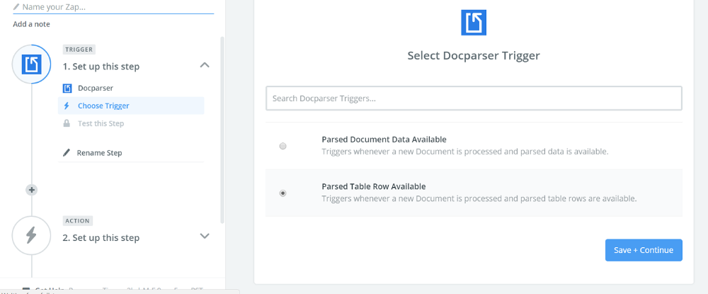 Docparser trigger setup screen in Zapier to connect your account and configure data parsing options