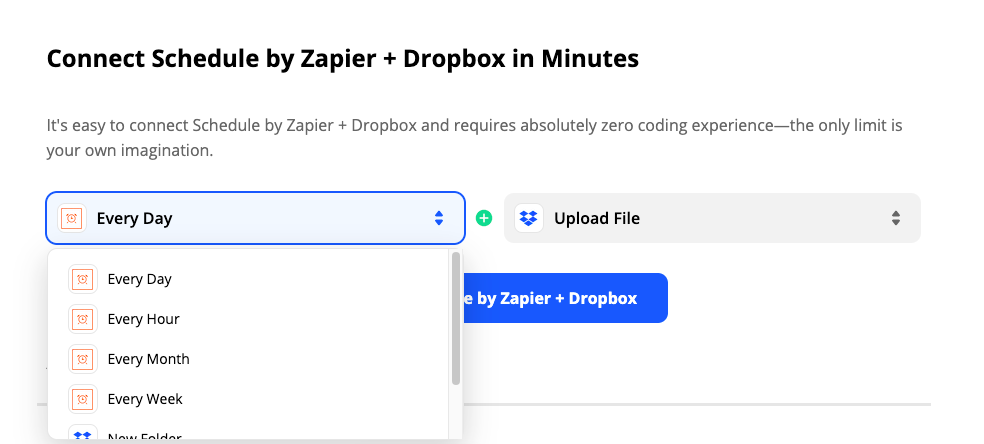 Zapier setup for scheduling a daily Dropbox upload