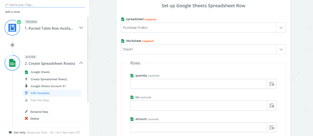 Mapping parsed PDF data from Docparser to Google Sheets columns in Zapier