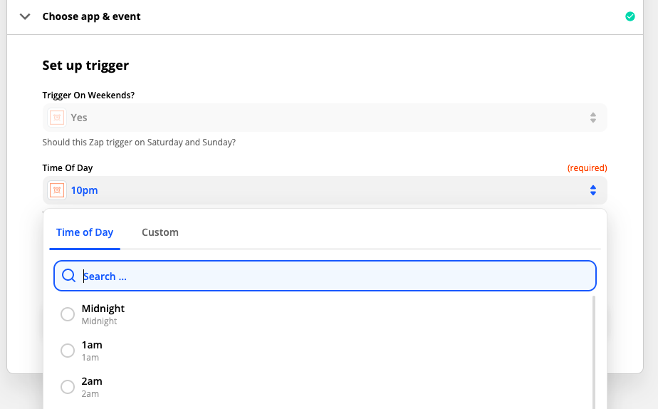 Choosing trigger time for scheduled Zap in Zapier