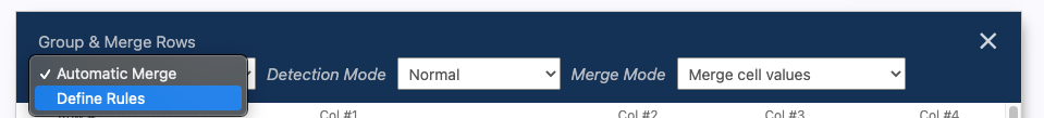 Switching from 'Automatic Merge' to 'Define Rules' in Group and Merge Rows filter