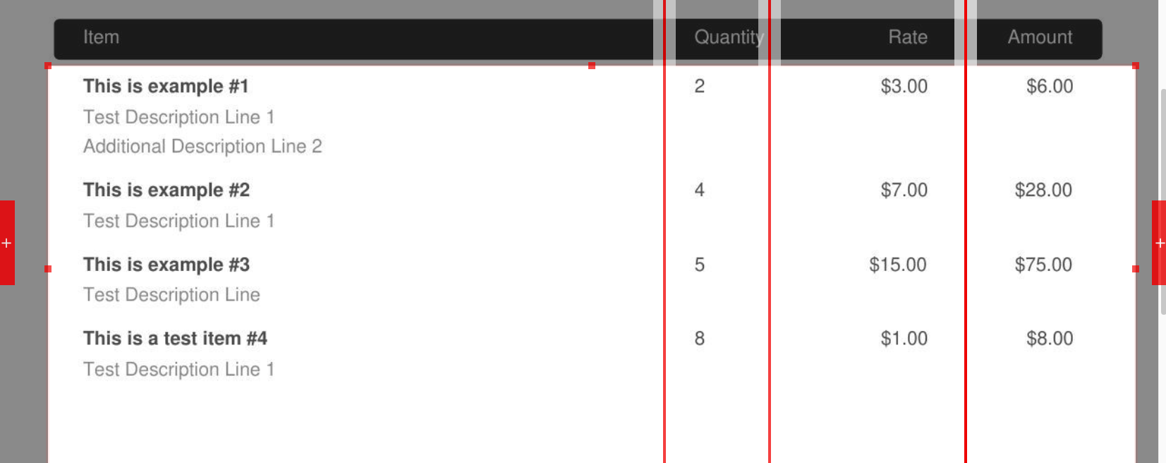Setting column boundaries using red + icons in Docparser