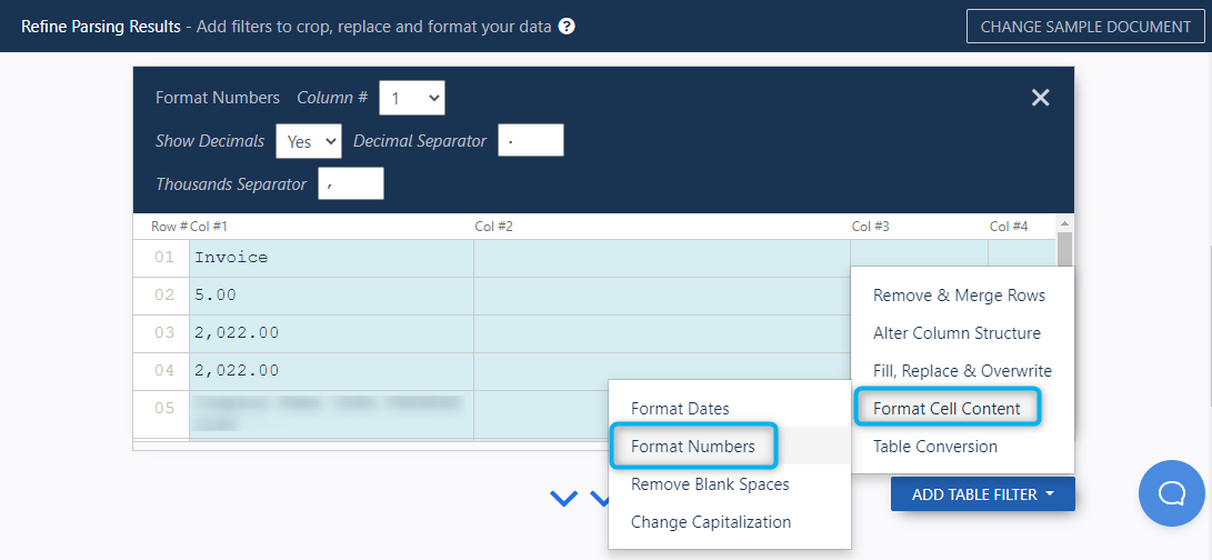Format Numbers filter settings showing options for decimal and thousands separators