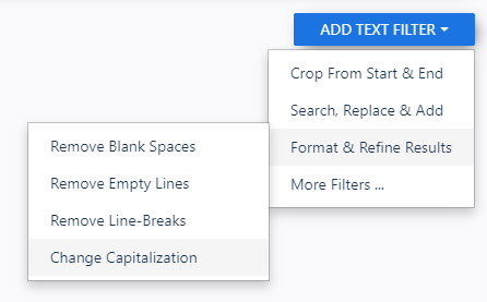Docparser interface showing how to add the Change Capitalization filter from the Format & Refine Results section