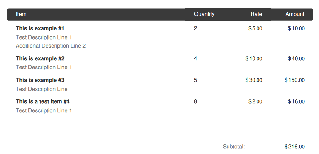 Example of table with multiple lines per item in a PDF document