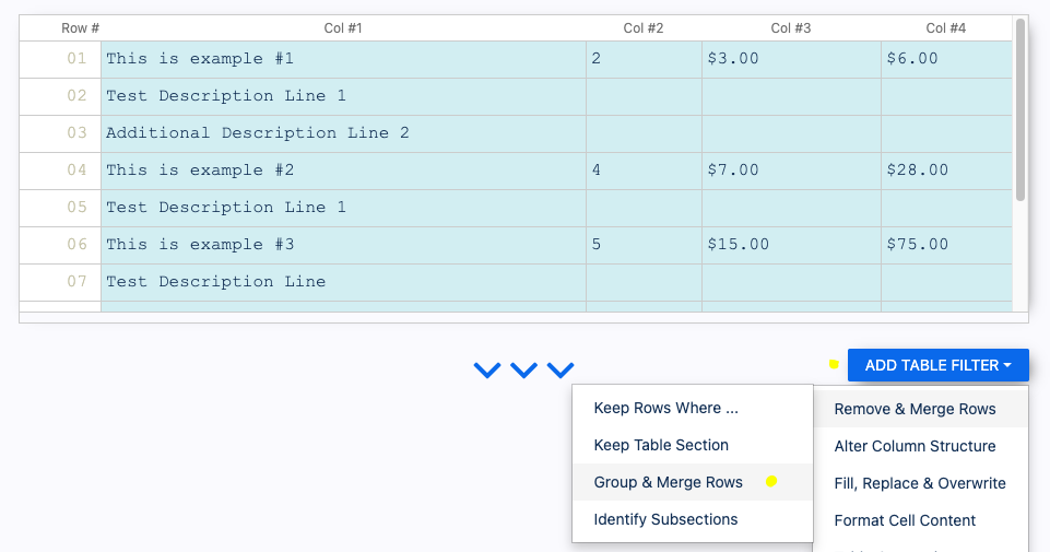 Adding 'Group and Merge Rows' filter to table in Docparser