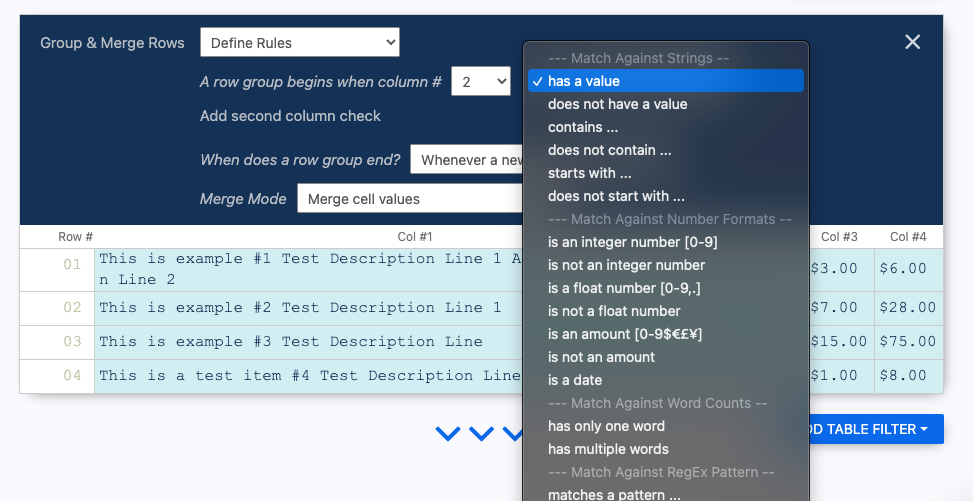 Example of defining unique group start condition for PDF tables