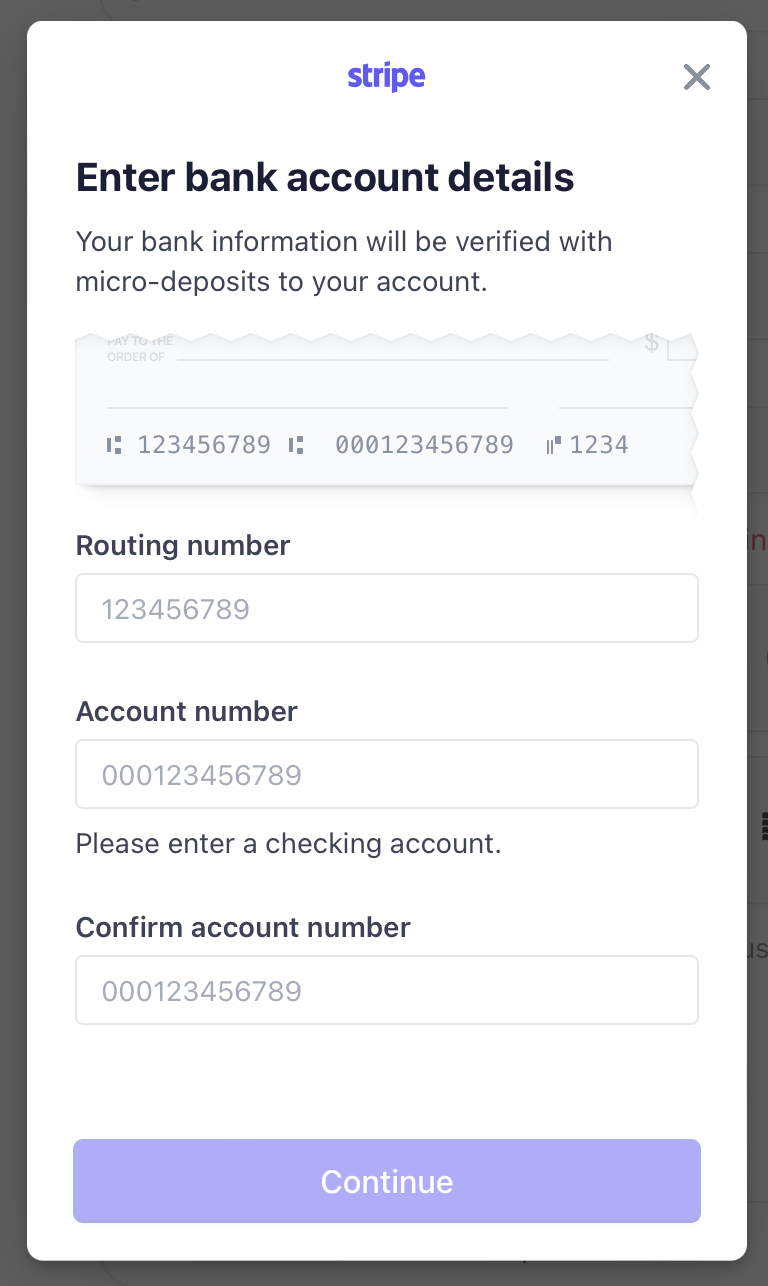 Manual bank entry form for ACH payment method setup