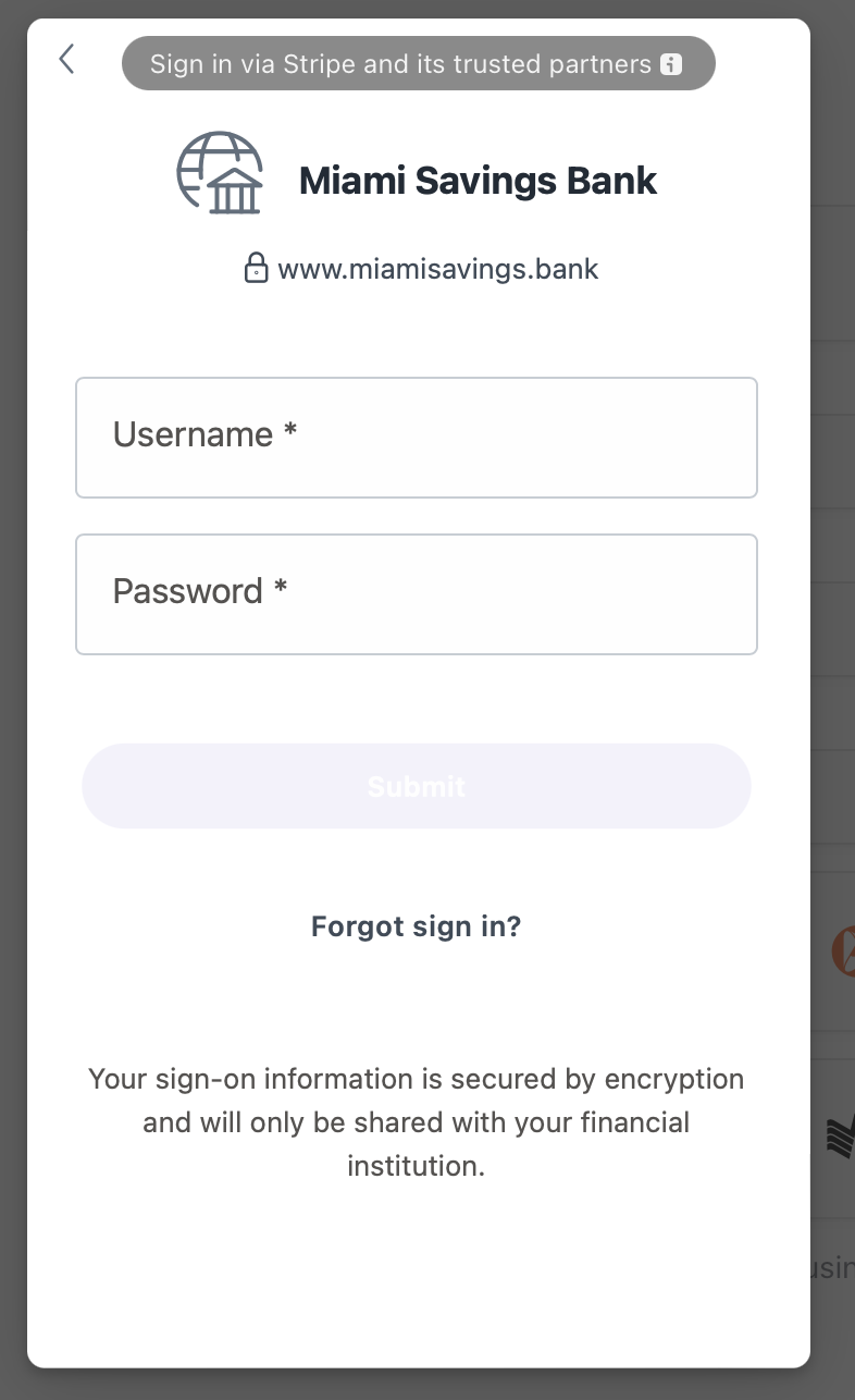 Login screen to connect bank account for ACH payments