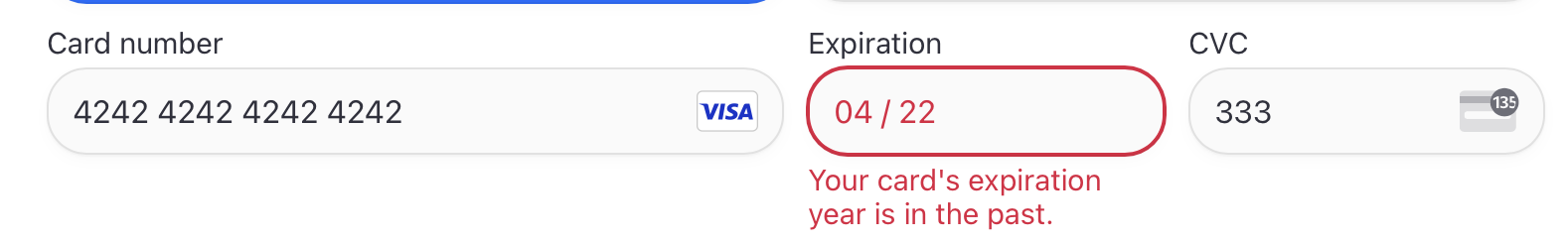Example of a form showing an error message for invalid credit card information
