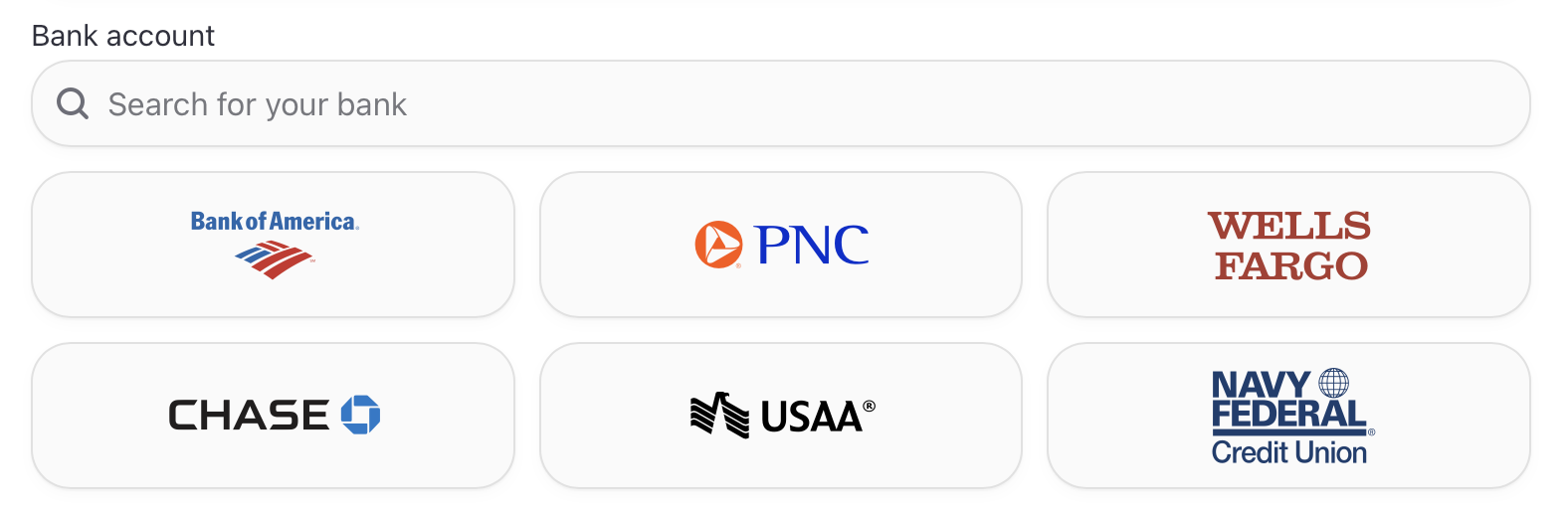 Interface displaying popular banks as quick selection buttons