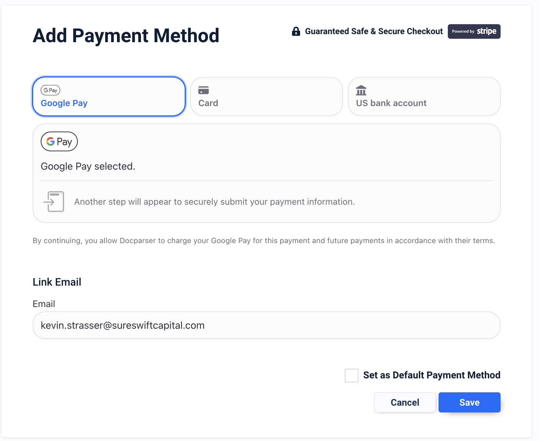Google Pay option for users logged into Chrome with linked credit card