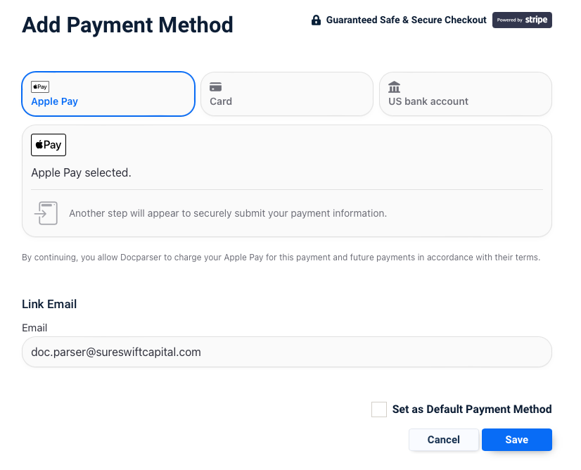 Apple Pay option available on Safari browser for Docparser payments