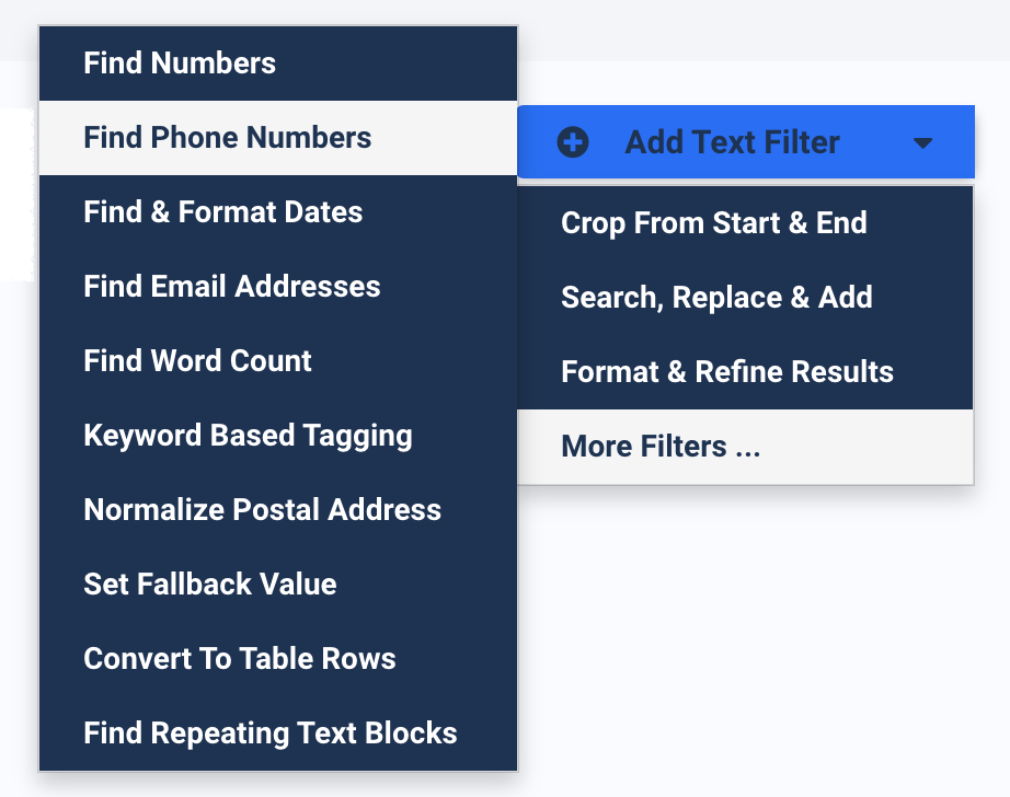 Selecting the Find Phone Numbers filter from the Docparser filter menu