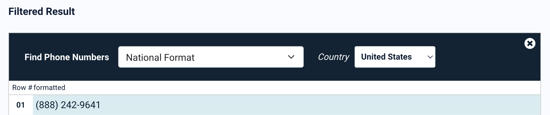Output mode options for phone number extraction in Docparser, including E164, National, and International formats
