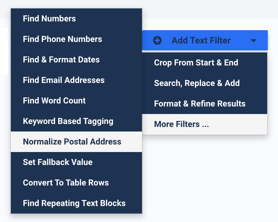 Selecting the Normalize Postal Address filter in Docparser