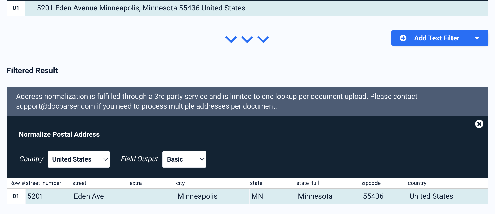 Example of structured postal address output including street, city, state, zip, and country
