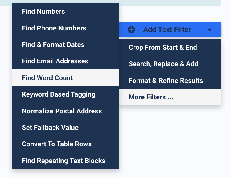 Filter selection menu highlighting the Find Word Count option