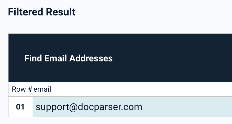 Extracted email addresses displayed in table format with Keep Rows Where filter option
