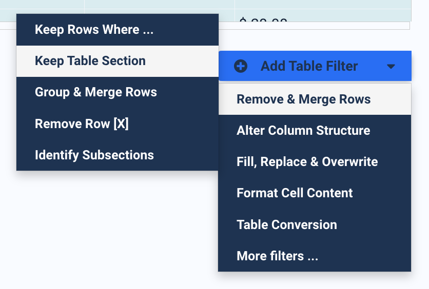 Docparser interface showing how to add the Keep Table Section filter from the table filters menu