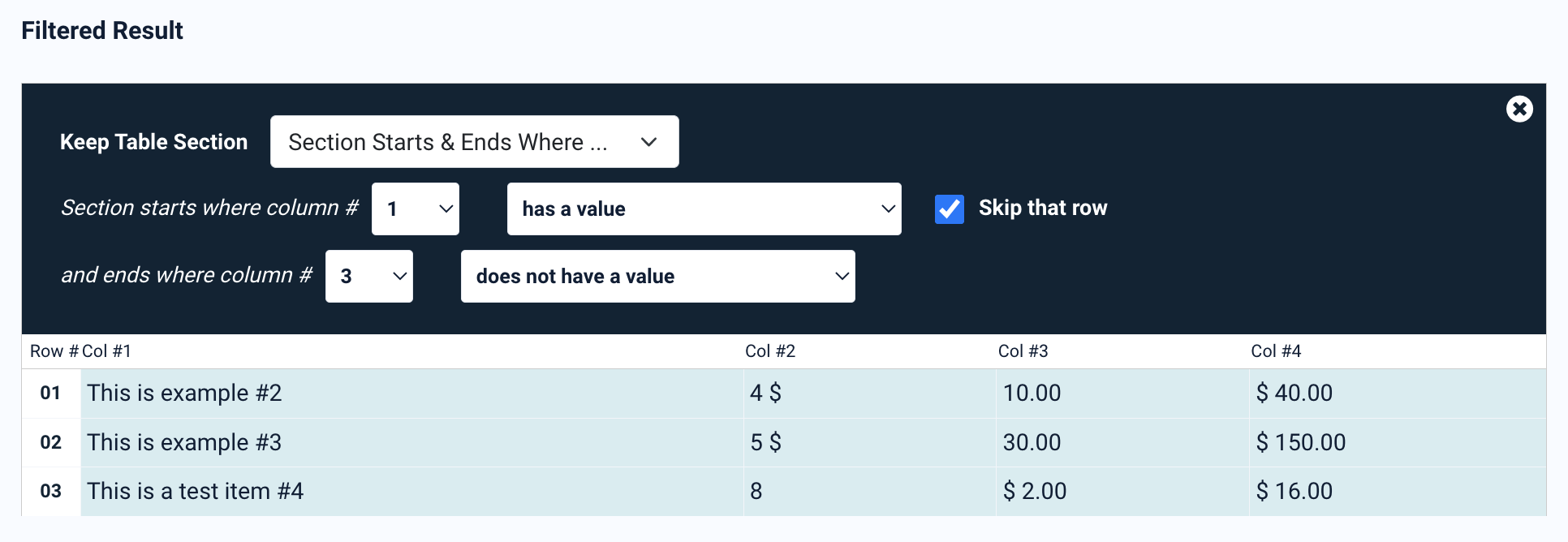 Example configuration of the Keep Table Section filter modes including keyword-based and fixed row selection