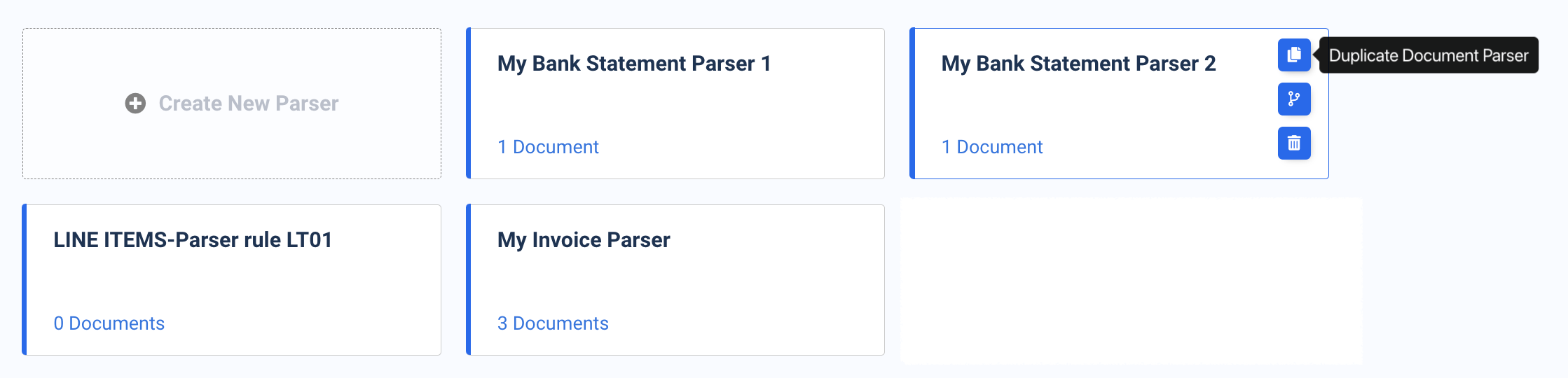 Docparser Panel View showing Duplicate Document Parser icon