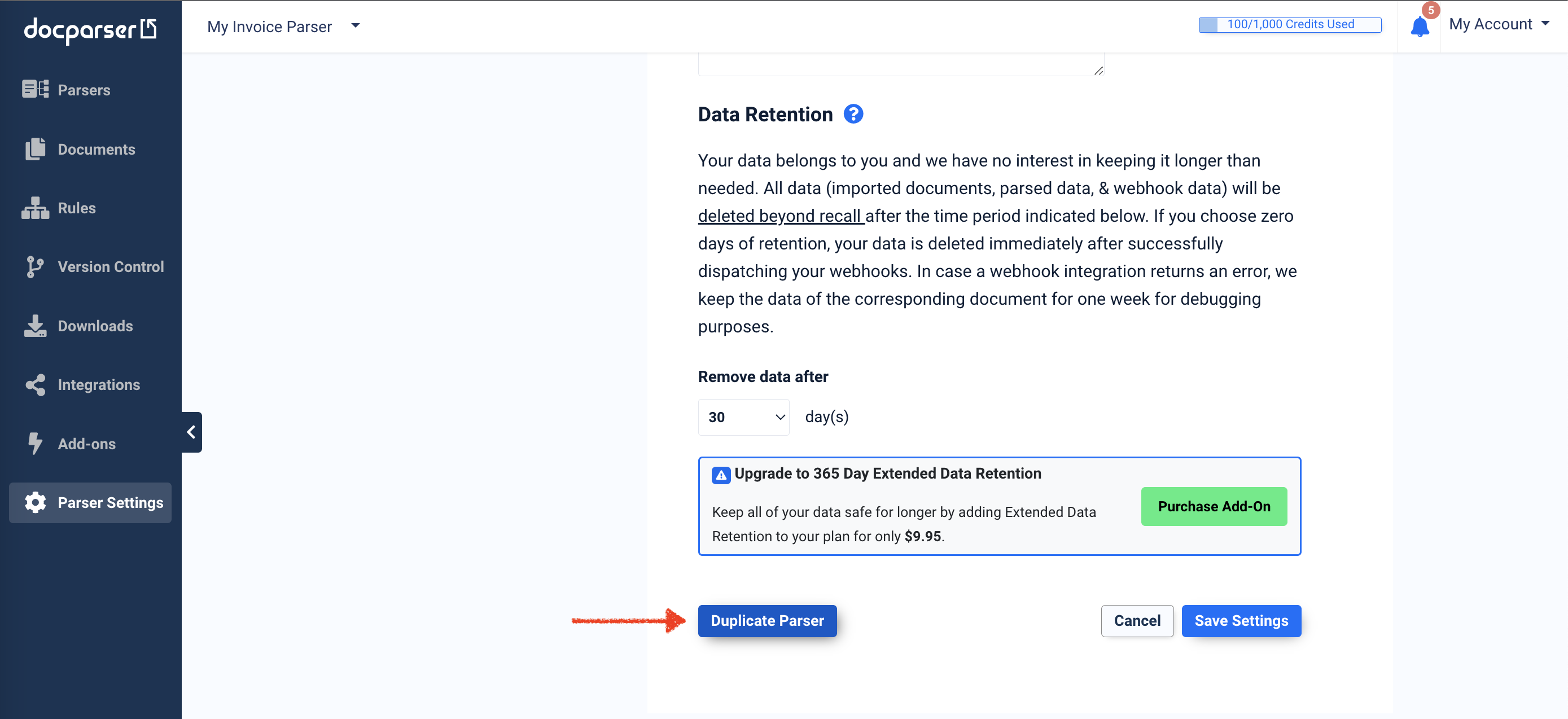Parser Settings view in Docparser showing copy parser option