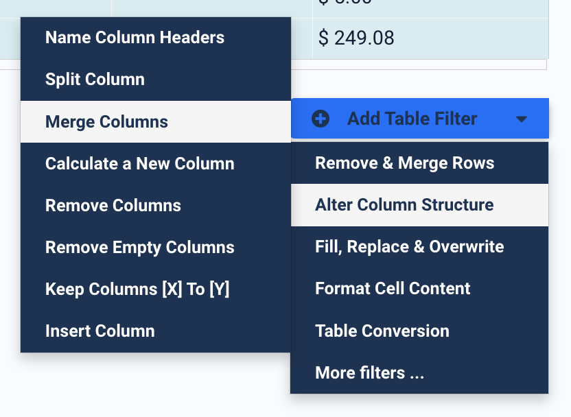 Add Table Filter Alter Column Structure Merge Columns