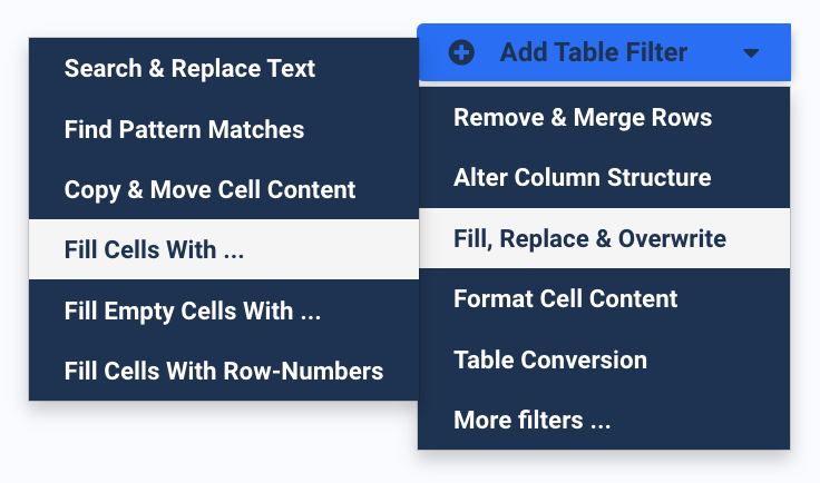 Fill Cells With filter options in Docparser showing text append and replace actions