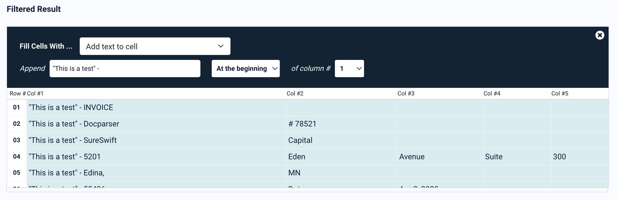 Example of filling a column with currency values using Fill Cells With filter in Docparser