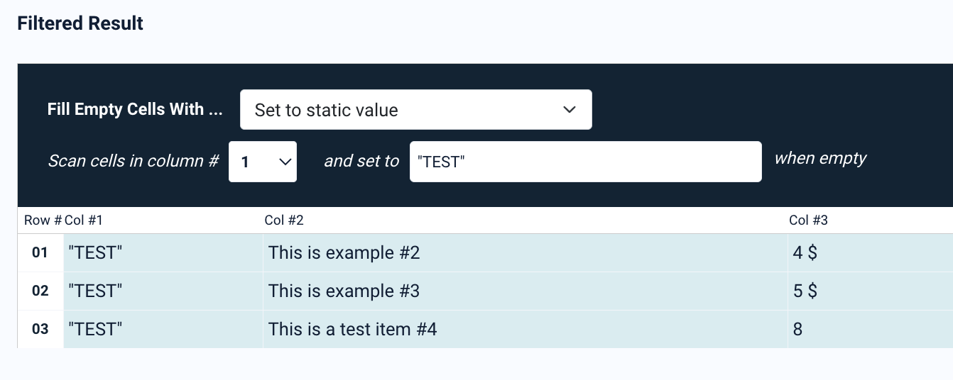 Example table output after applying Fill Empty Cells With filter in Docparser