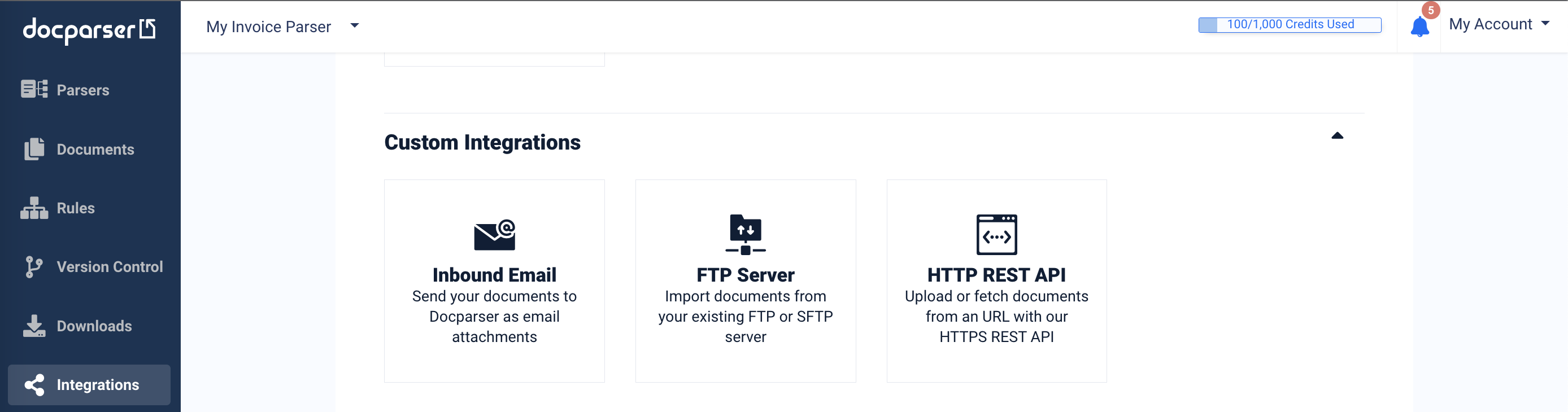 Docparser parser settings showing navigation to Integrations tab for FTP setup
