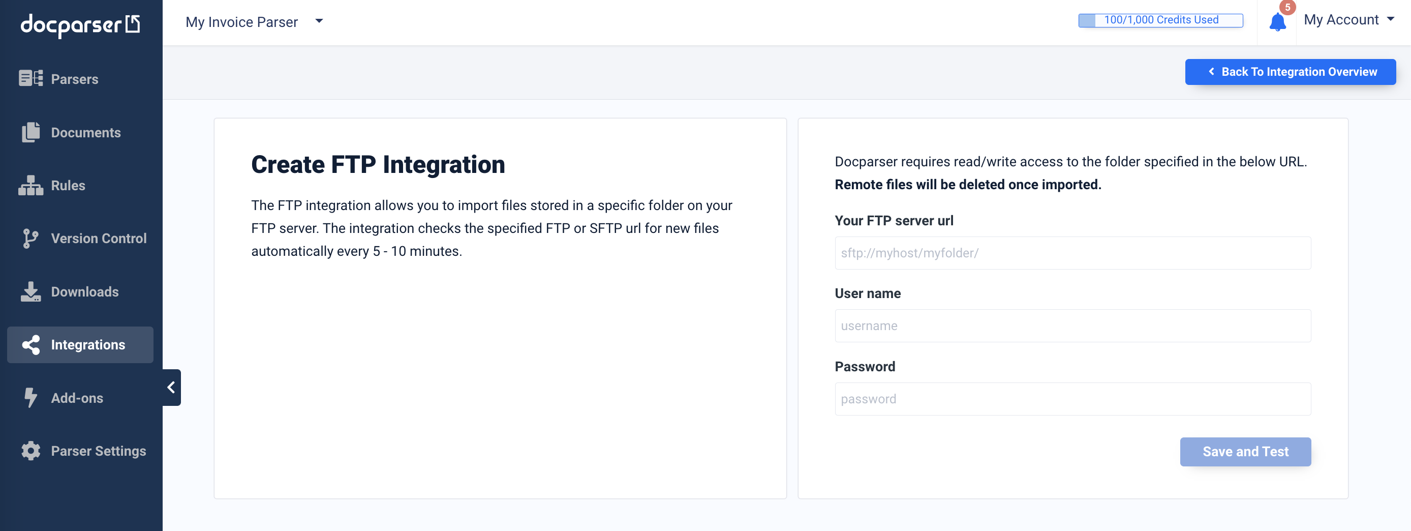FTP configuration screen in Docparser with fields for Server URL, Username, and Password