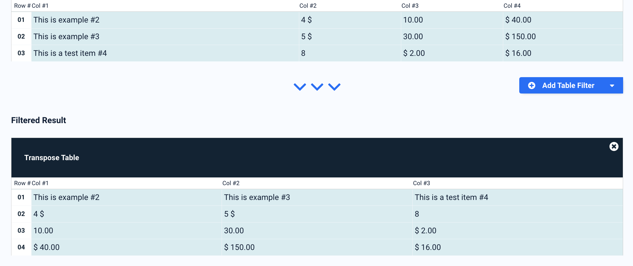 The Transpose Table filter contains no additional options and only needs to be applied to function automatically.