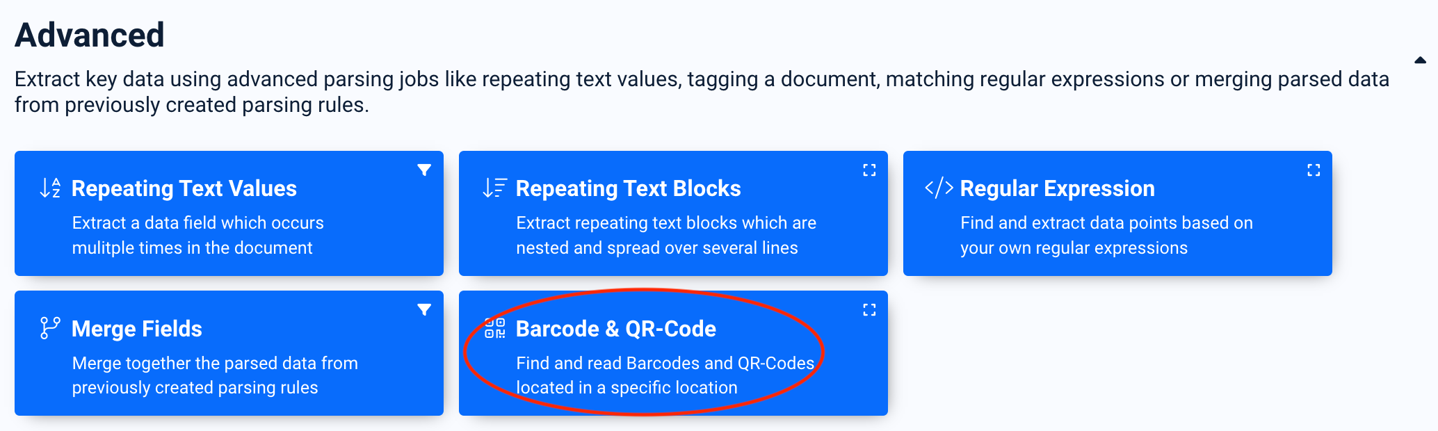 Selecting Barcode and QR-Code parsing rule preset in Docparser
